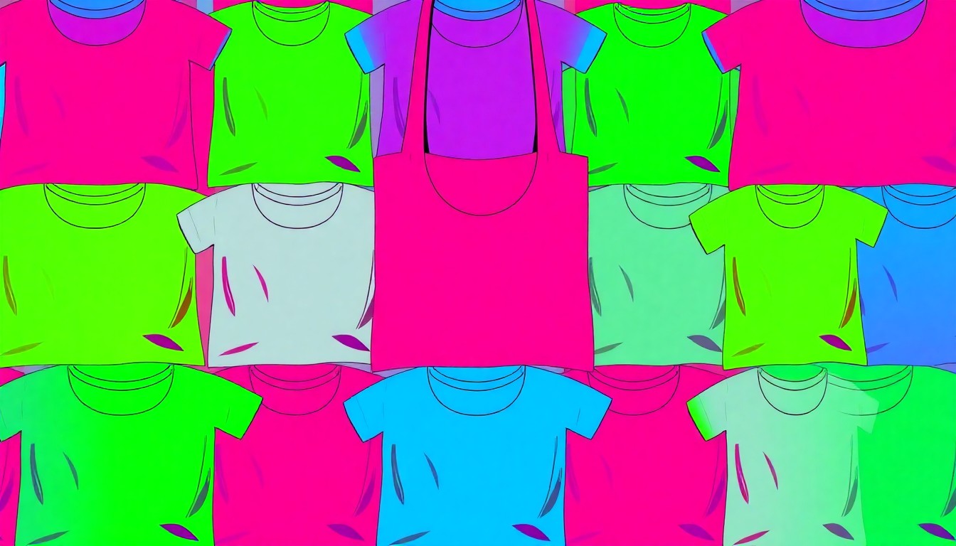 A vibrant, high-contrast silkscreen print of a reusable tote bag made from a repurposed t-shirt, repeated in a grid pattern to capture the creative energy and sustainable impact of a student-led community project.