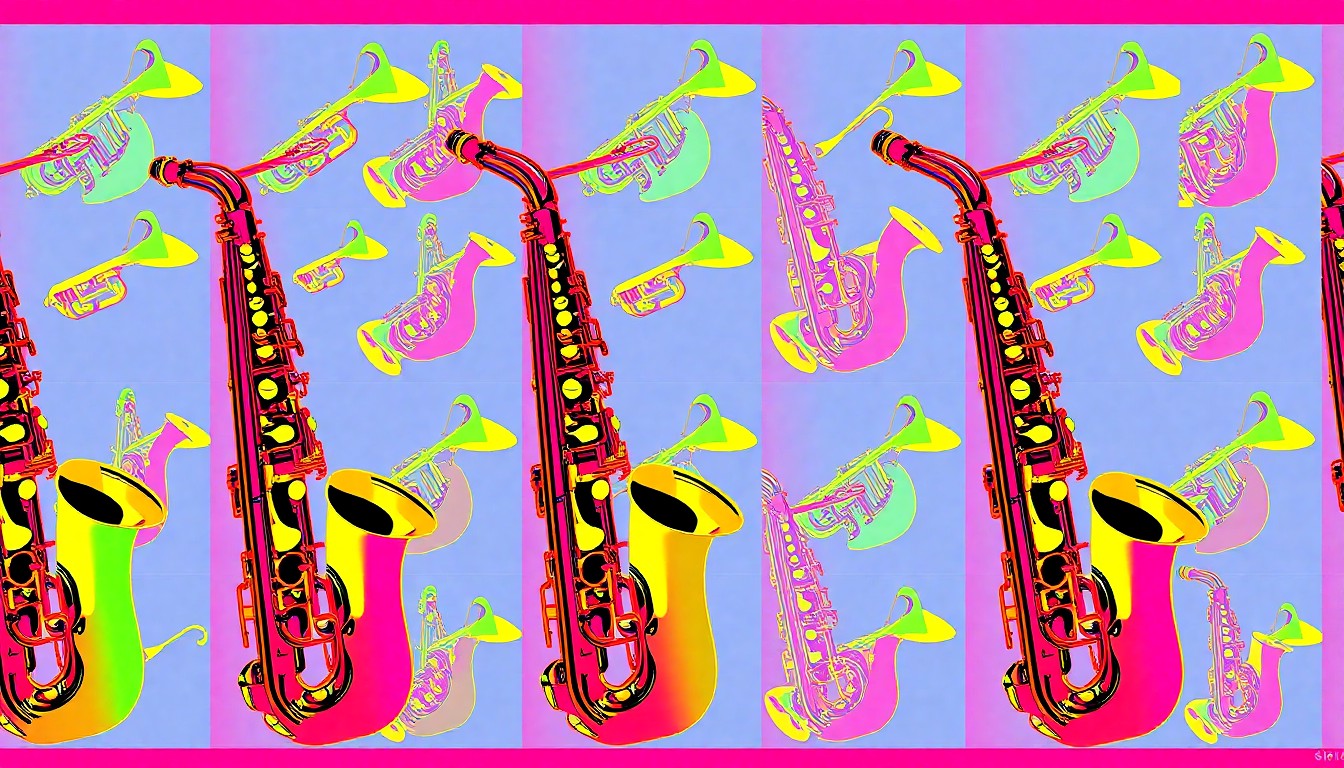 A high-contrast, silkscreen-style illustration featuring a jazz saxophone repeated in a grid pattern, rendered in a palette of neon blues, greens, and oranges to capture the energetic spirit of the 18th & Vine district.
