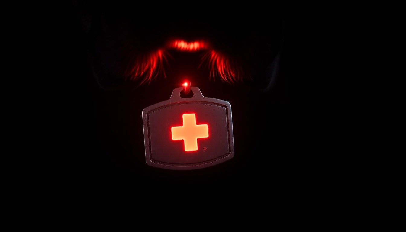 An extreme close-up photograph of a police K-9's collar and ID tag, lit by a harsh camera flash against a dark background, conceptually representing the life-saving medical equipment now available to protect this K-9 officer.