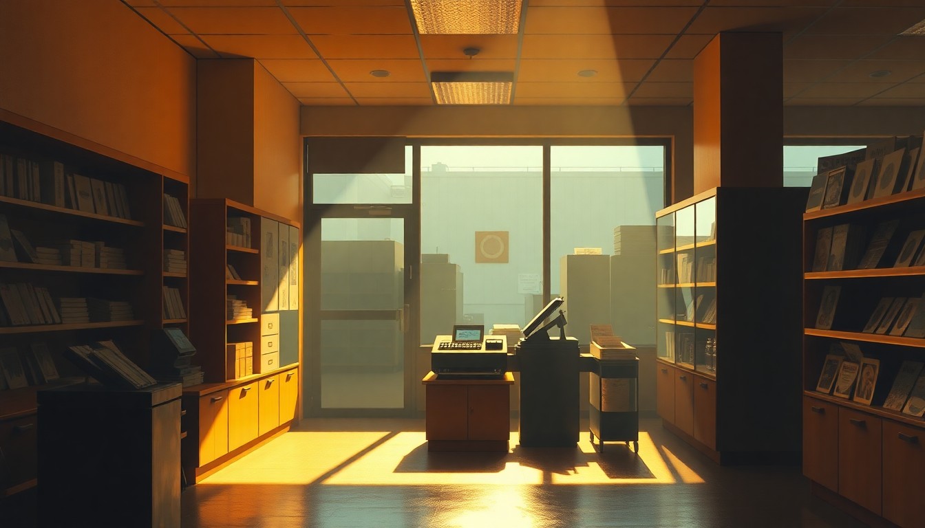 A close-up painting of a cash register in a retail store, with warm sunlight casting deep shadows across the surface, conceptually representing the tension between private development interests and state regulations around taxation.