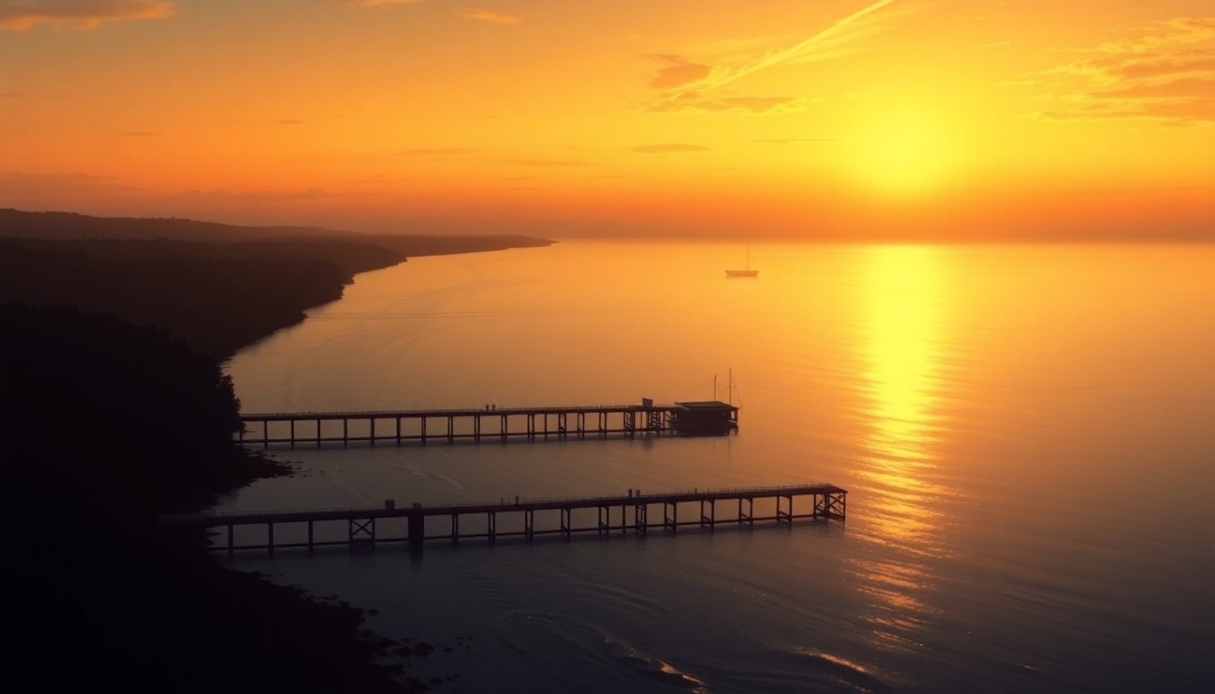 A serene, painterly scene of the Saco River at dusk, with the silhouette of a proposed research pier casting a long shadow across the calm waters. Warm, golden light bathes the riverbank, creating a nostalgic, cinematic atmosphere.