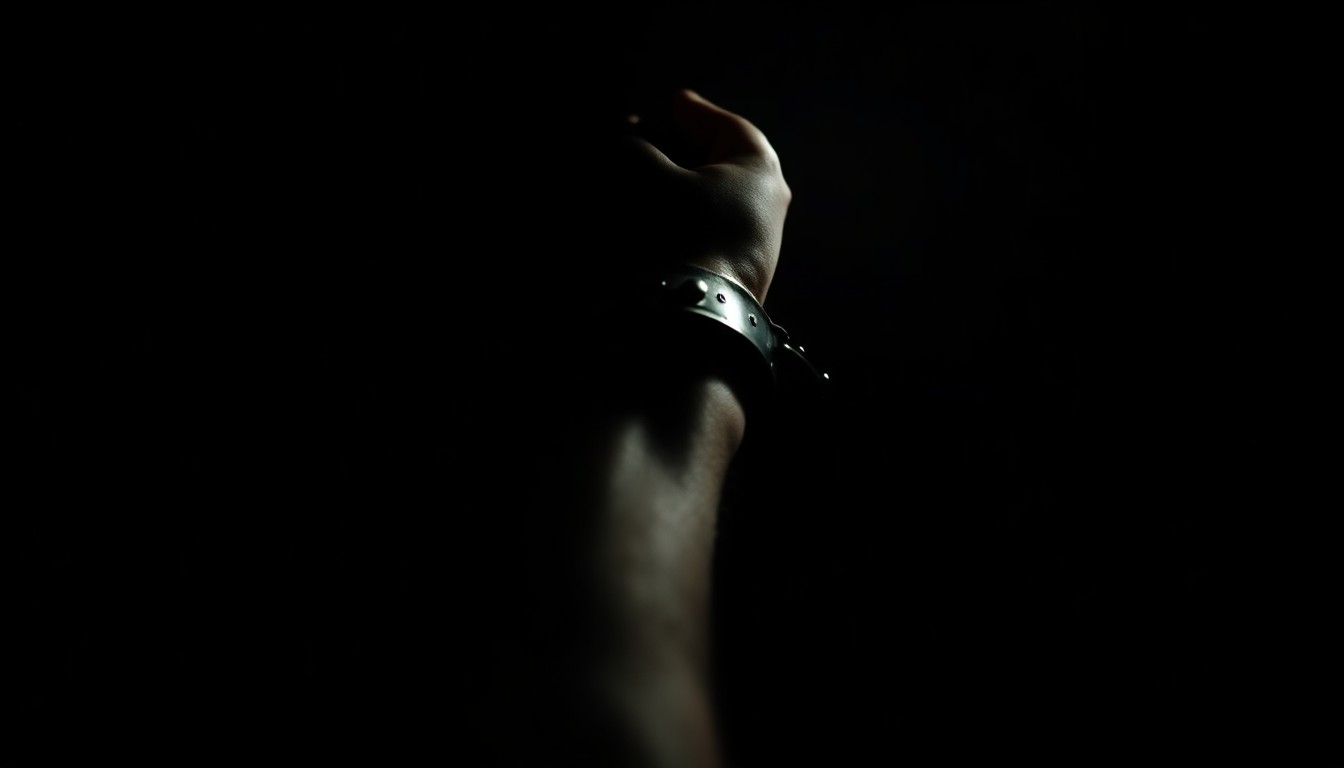 An extreme close-up photograph of a handcuffed wrist against a pitch-black background, lit by a harsh, direct camera flash, conceptually representing the apprehension of a suspect in a domestic violence case.