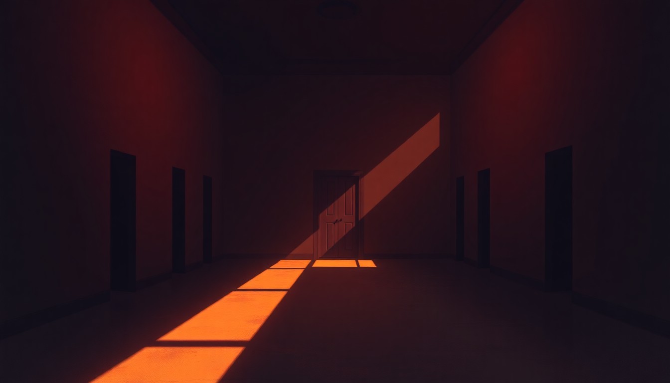 A dimly lit, cinematic painting of an empty, sterile execution chamber, with a lone gurney in the center bathed in warm, diagonal sunlight, conveying a sense of solemnity and isolation.