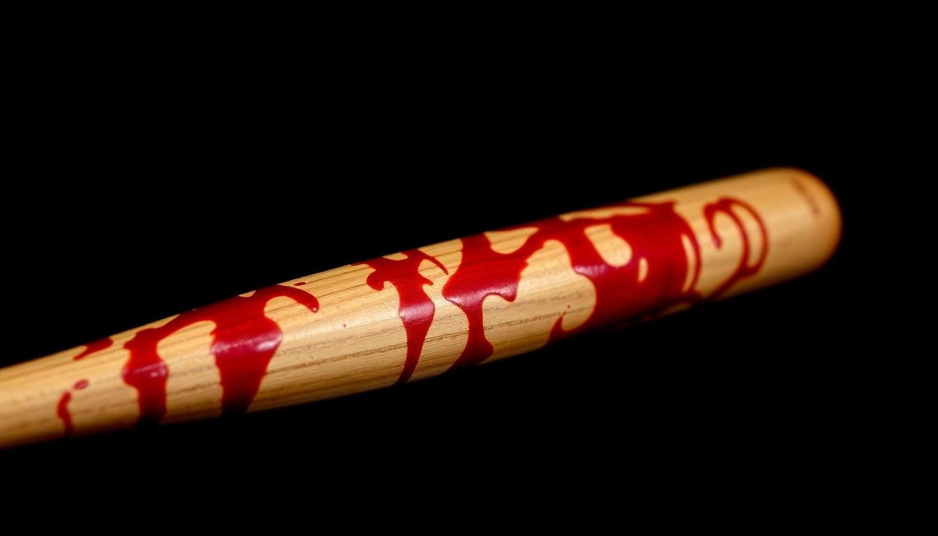An extreme close-up photograph of a bloodied baseball bat against a pitch-black background, conceptually representing the violent nature of the crime.