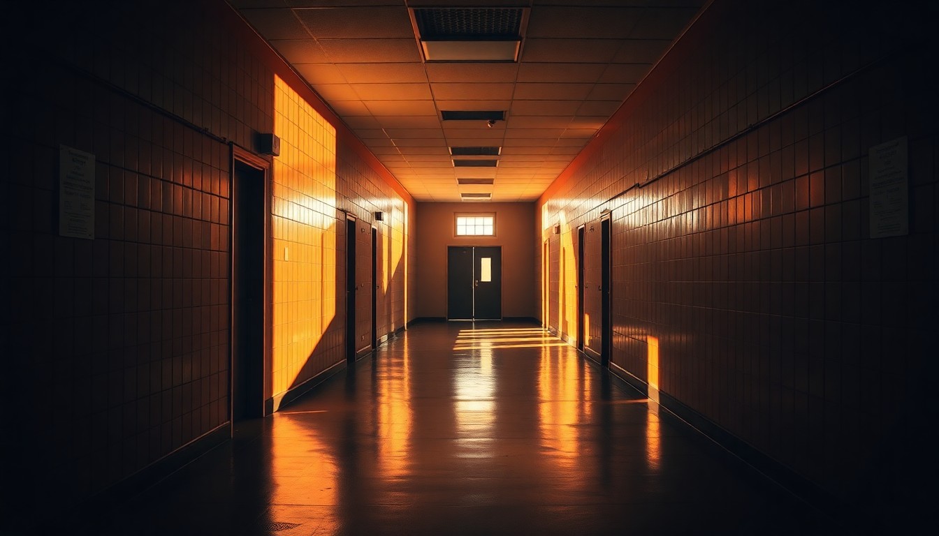 A dimly lit, empty hallway of a detention center, with warm sunlight streaming in through a window and casting long shadows, conveying a sense of isolation and melancholy.