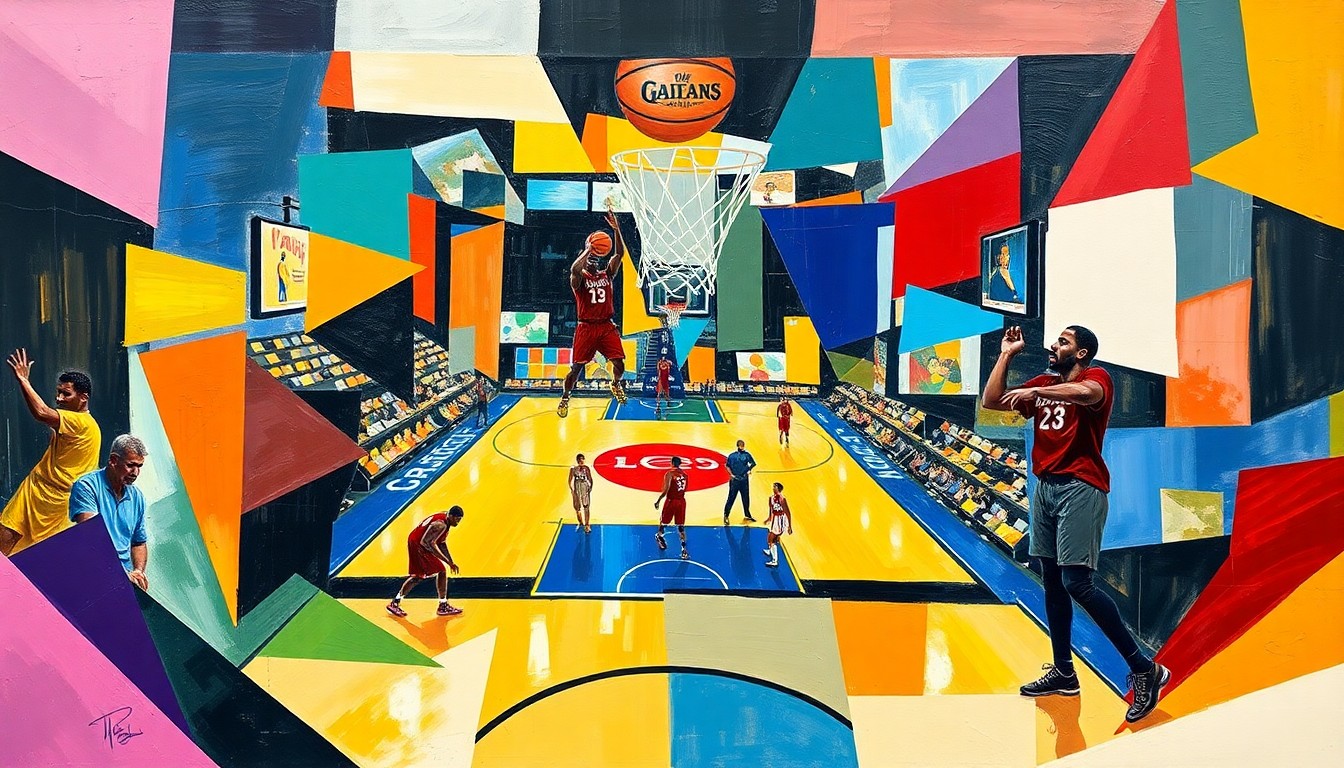 A fragmented, geometric painting depicting a basketball game, with players and the court broken down into sharp, overlapping planes of color, reflecting the complex and contested nature of the foul call under investigation.