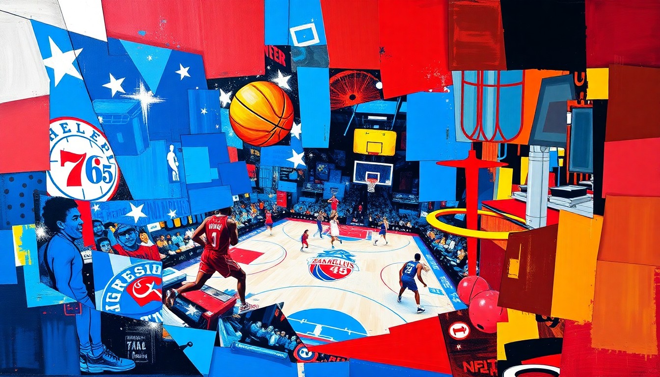 A fragmented, geometric painting in bold primary colors depicting the action and movement of a basketball game between the Philadelphia 76ers and Houston Rockets.