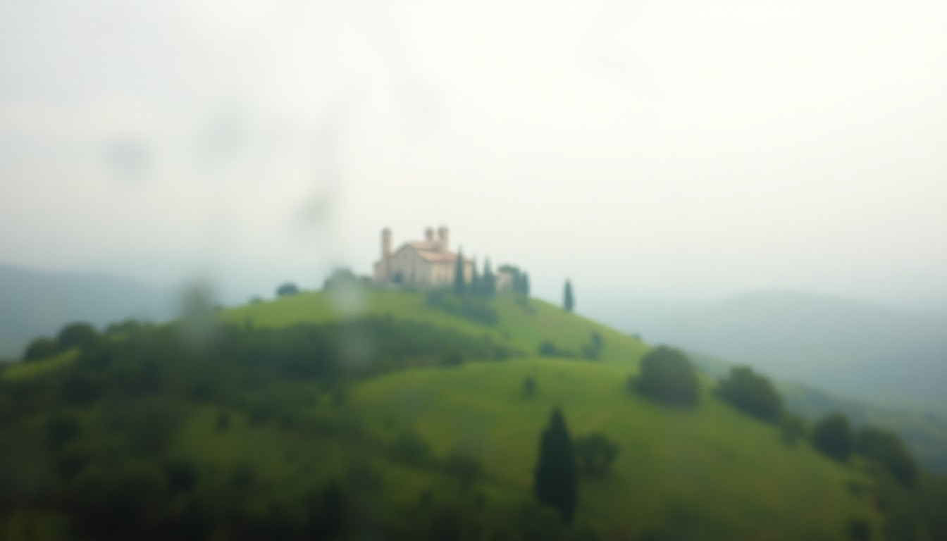 An impressionistic, out-of-focus landscape scene in warm, soft hues, with the faint outline of a grand mansion peeking through the hazy light, conceptually representing the exclusive and private nature of this one-of-a-kind Malibu estate.