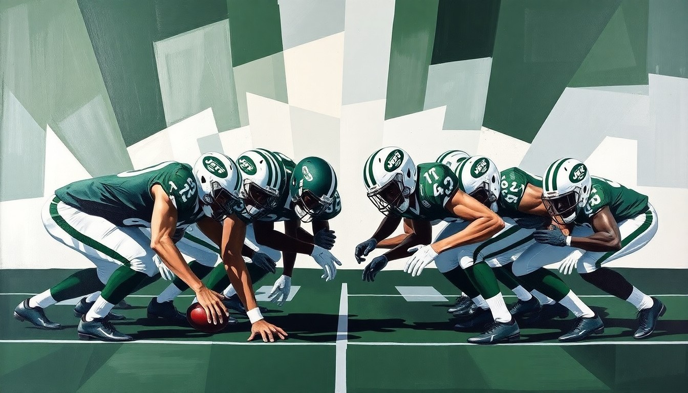 A cubist, geometric painting depicting an abstract football offensive line, with sharp, overlapping planes in the colors of the New York Jets, conceptually representing the team's ongoing efforts to strengthen their offensive trenches.