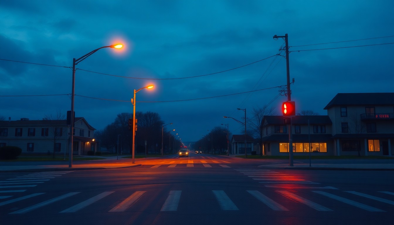 A serene, cinematic painting of a deserted city street intersection at dusk, with a lone streetlight casting warm, diagonal shadows across the pavement, conceptually representing the tension between development and preservation in Steamboat Springs.