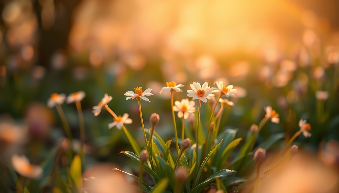 An abstract, impressionistic photograph of colorful spring flowers in soft focus, conveying the atmospheric mood of an early season botanical garden.
