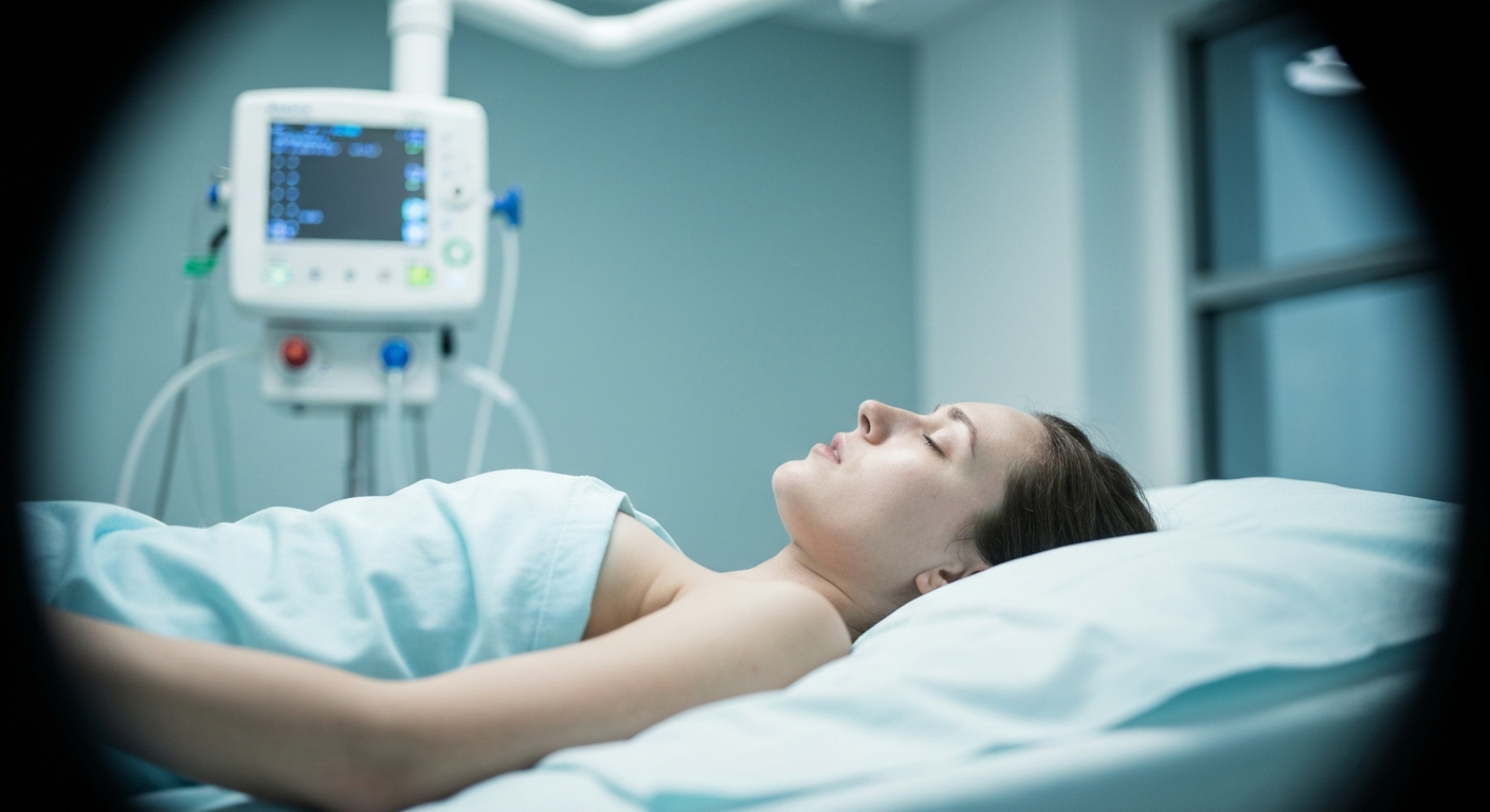 A translucent, ghostly X-ray image of a hospital bed frame, conveying the fragile state of rural healthcare infrastructure through its ethereal, glowing lines against a dark background.