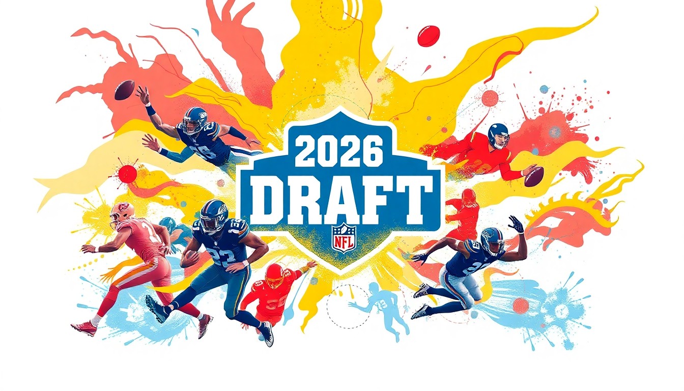 An abstract illustration featuring bold, sweeping brushstrokes in a vibrant color palette, conceptually representing the energy and potential of the upcoming 2026 NFL Draft class.