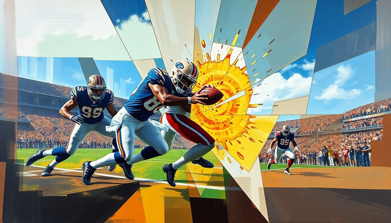 A fragmented, geometric painting depicting the physicality and instincts of a safety in a football game, with overlapping shapes and planes capturing the dynamic motion and intensity of the position.