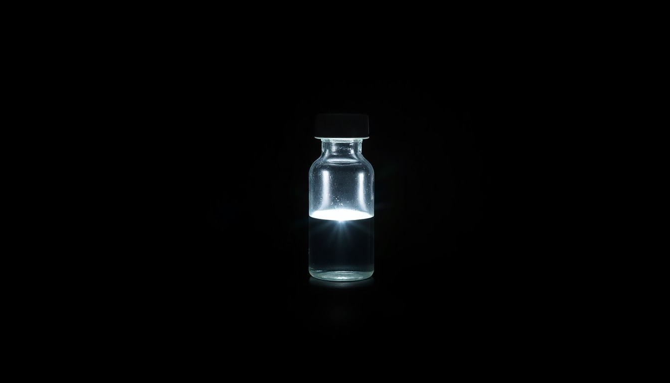 An extreme close-up photograph of a single vial of clear liquid against a pitch-black background, the harsh lighting creating dramatic shadows and textures that convey the serious, investigative nature of this crime-related story.