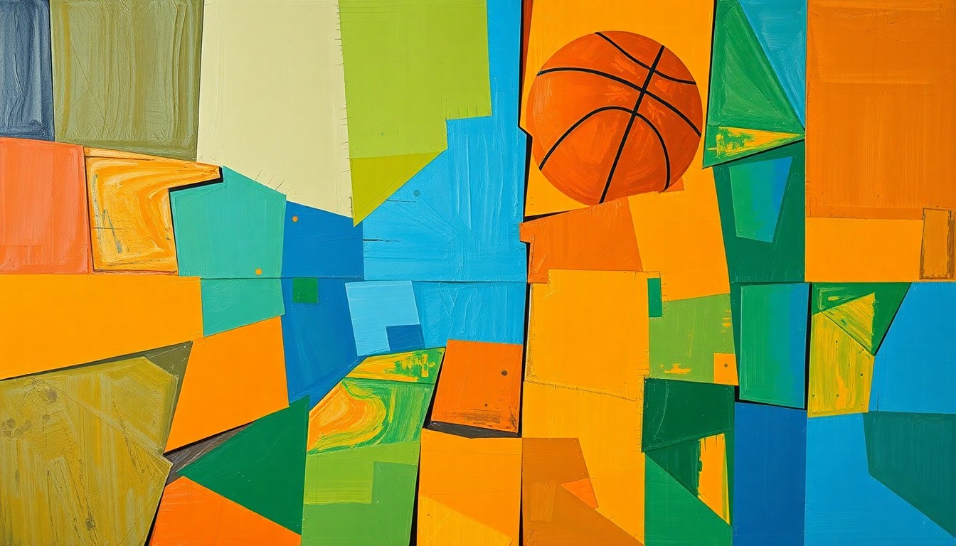 A cubist-style painting depicting a basketball game broken down into overlapping geometric shapes and planes in vibrant colors, conceptually representing the fragmented nature of the BYU roster changes.