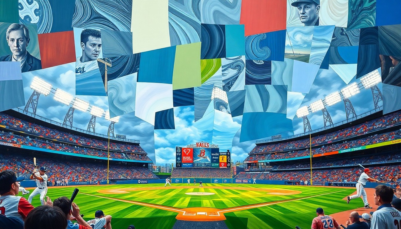 A fragmented, geometric painting depicting the dynamic action of a baseball game, with players, bats, and the field rendered in sharp, overlapping planes of vibrant colors.
