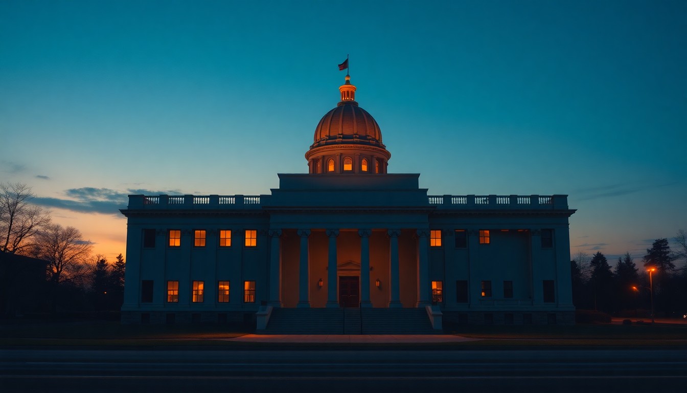 A dimly lit, cinematic painting of a government building at dusk, with warm light streaming through the windows and deep shadows across the facade, conveying a sense of political tension and uncertainty.