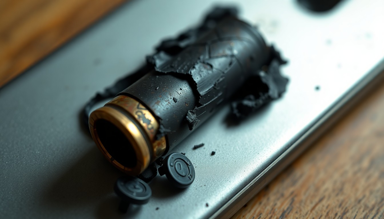 An extreme close-up photograph of a crushed and charred cell phone, conceptually representing the ruthless methods used by the CJNG cartel to maintain control over the drug trade.