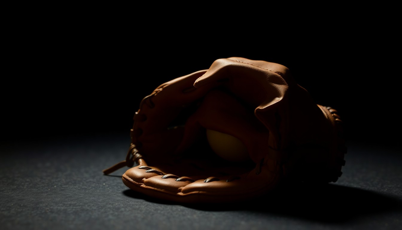 An extreme close-up photograph of a crumpled, discarded softball glove on a dark, shadowy surface, lit by a harsh, direct camera flash, conceptually representing the aftermath of an adult altercation at a youth sporting event.