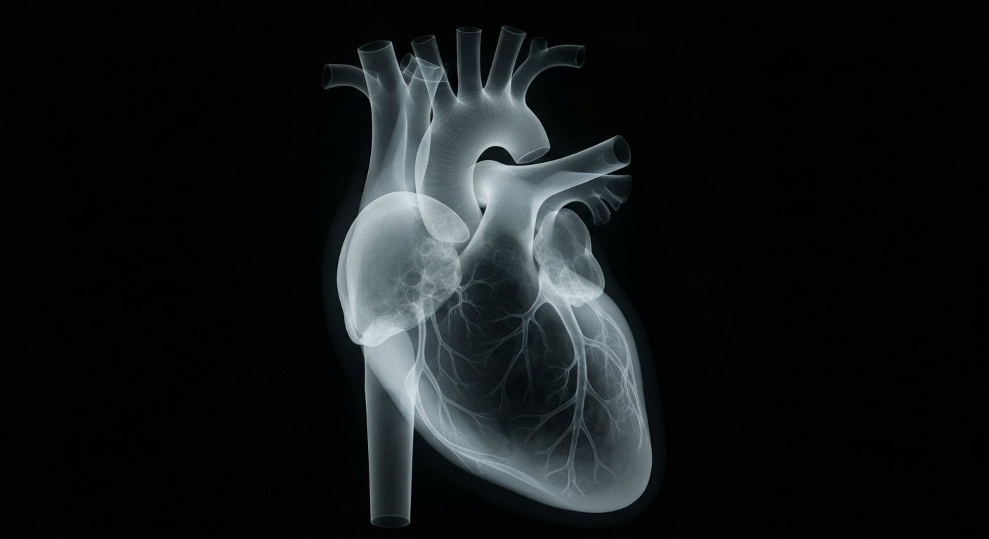 A translucent X-ray photograph showing the intricate internal structure of a small human heart, glowing ghostly against a dark background, conceptually representing the medical challenges faced by a young child awaiting a heart transplant.