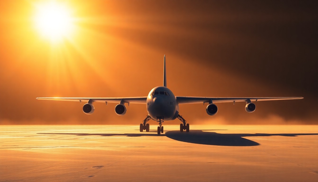A serene, photorealistic painting of a KC-135 Stratotanker aircraft sitting alone on a tarmac, its fuselage reflecting the warm, golden light of the Alaskan sun, conveying a sense of the strategic importance of this military asset in the remote northern landscape.