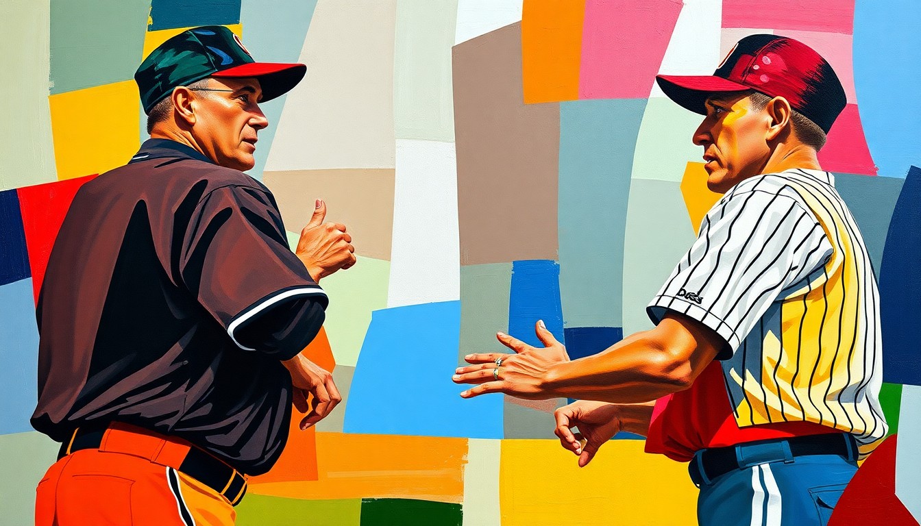 A fragmented, geometric painting in bold colors depicting the confrontation between a baseball coach and umpire, with their figures and movements broken down into sharp, overlapping planes.