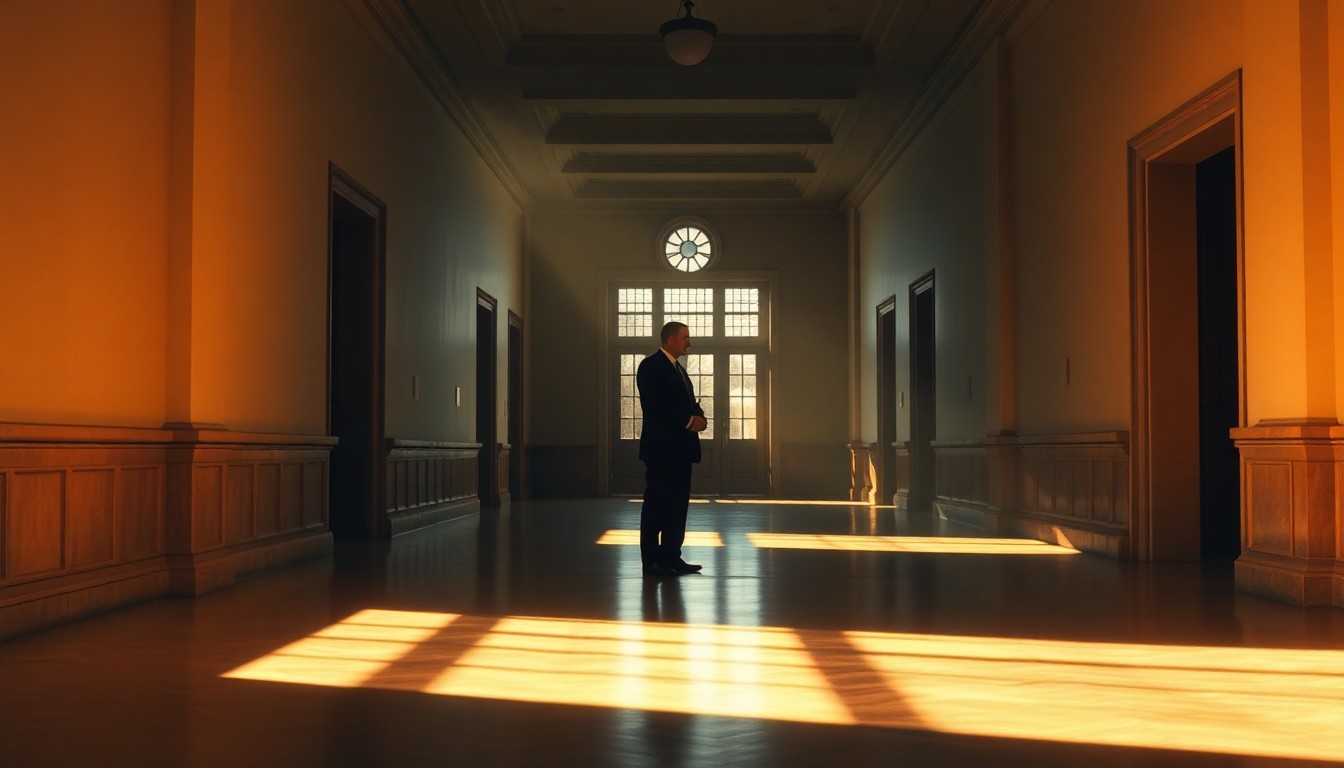 A dimly lit government building hallway with a single figure standing in the distance, the scene bathed in warm, dramatic lighting that casts long shadows, conveying a sense of quiet contemplation and the importance of the diplomatic discussions taking place.