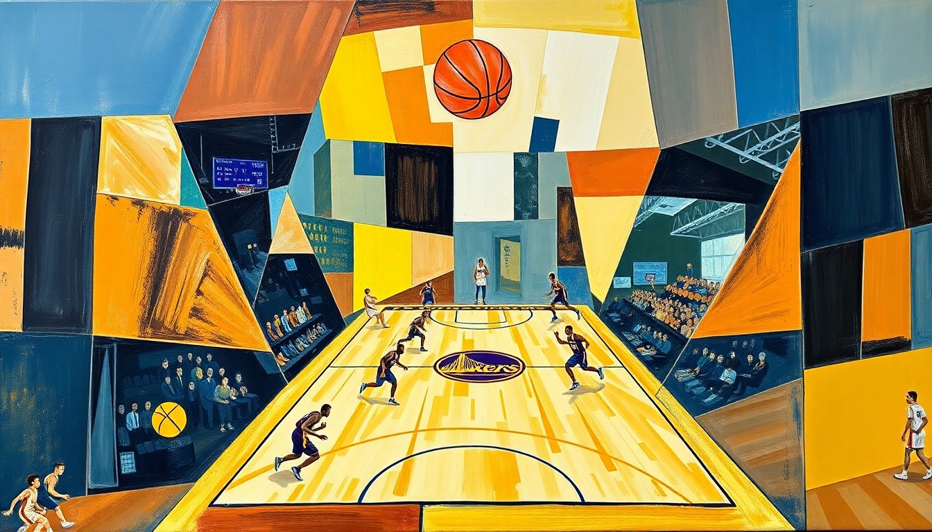 Pertandingan bola basket antara Lakers dan Warriors dengan gaya kubis serta bentuk geometris