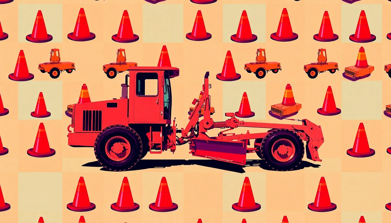 A high-contrast, brightly colored silkscreen print of a road maintenance vehicle repeated in a grid pattern, conceptually representing Mesa County's investment in magnesium chloride treatments to reduce dust on unpaved roads.