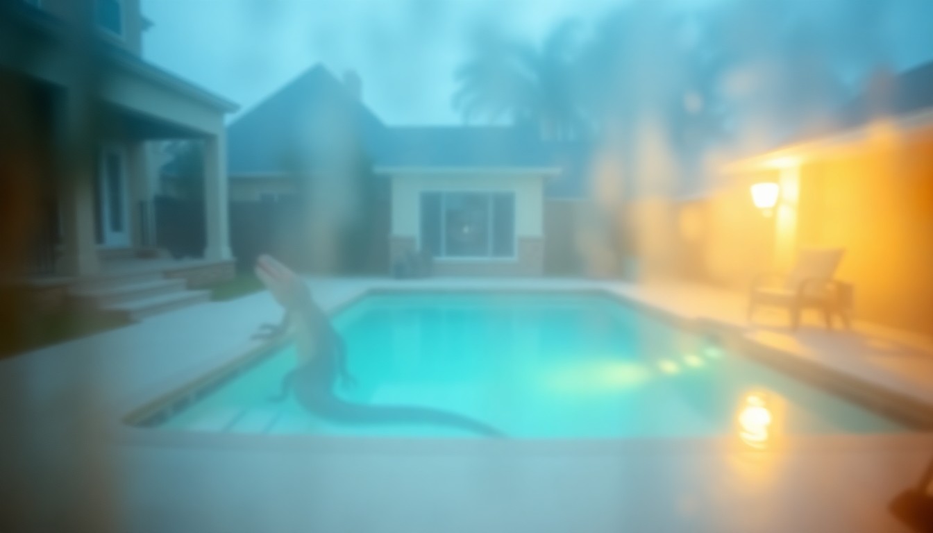 An extremely abstract, out-of-focus photograph showing the faint outline of a large reptilian shape emerging from a backyard swimming pool, conveying the disruptive and unsettling nature of the alligator's presence in a domestic setting.