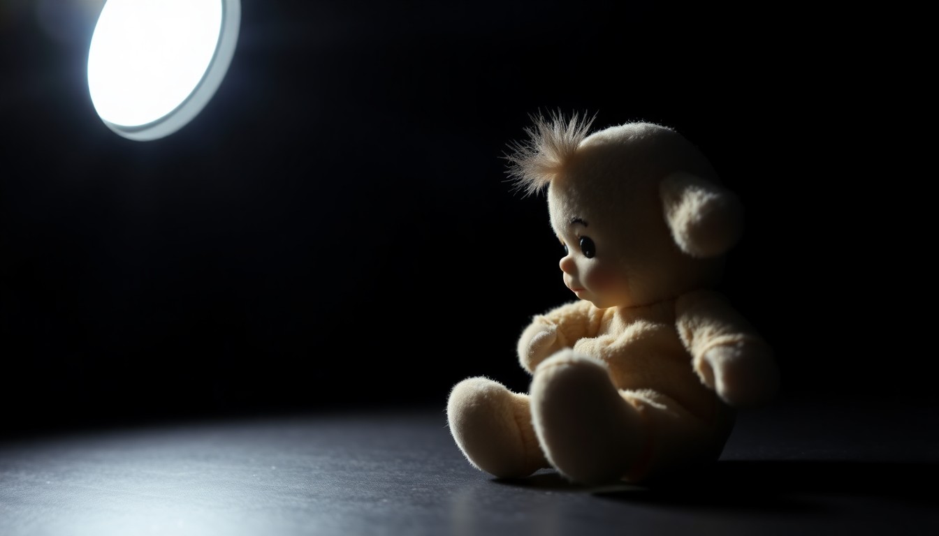 An extreme close-up photograph of a small, worn stuffed animal against a pitch-black background, its features harshly illuminated by a direct camera flash, conveying a sense of isolation, vulnerability, and the gravity of the attempted kidnappings that occurred.