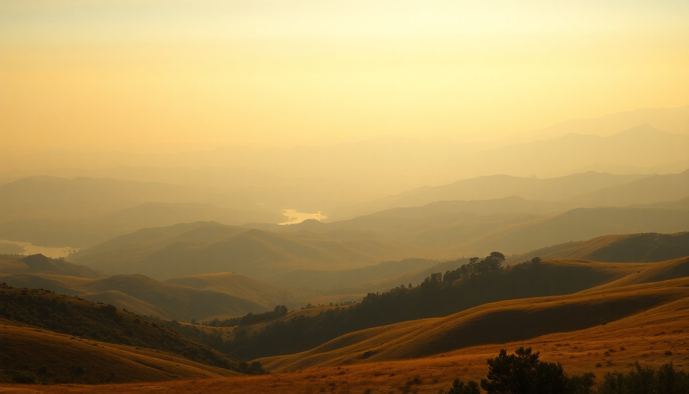 A vast, atmospheric landscape painting in muted earth tones, depicting the rolling hills and distant mountains of the Central Coast region shrouded in a hazy, golden light, conveying the mood of the prolonged drought conditions without focusing on any specific physical destruction or human figures.