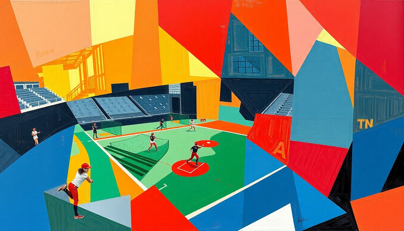 A cubist, geometric painting depicting a softball game or match, with sharp, overlapping planes of color representing the dynamic action on the field.