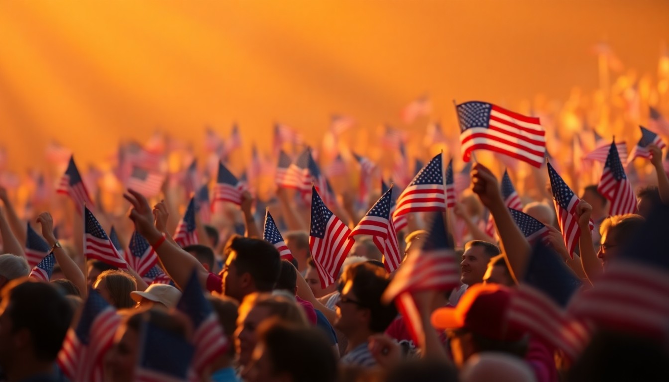 An abstract, impressionistic photograph showing a crowd of people in a warm, golden light, their faces and details obscured, waving American flags and cheering, conveying the celebratory and emotional atmosphere of the HonorAir flight's final journey.