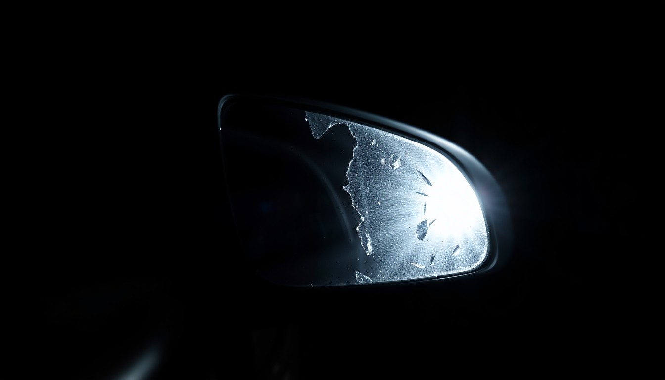 An extreme close-up of a damaged vehicle side mirror reflecting a faint red light, conceptually illustrating the tragic aftermath of a pedestrian being struck by a car.
