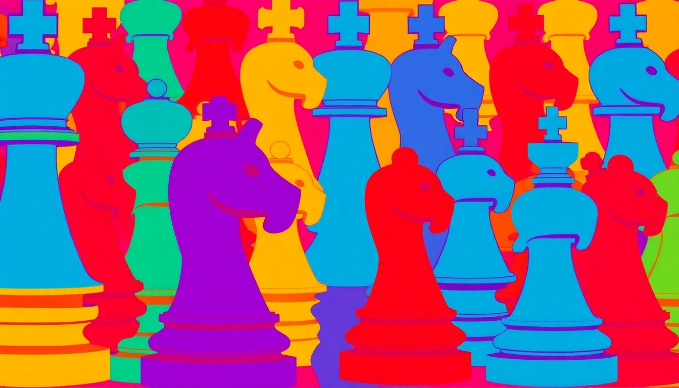 A brightly colored, high-contrast silkscreen print of a chess piece, such as a knight or rook, repeated in a tight grid pattern, conceptually representing the vibrant energy and growing popularity of the Turlock Community Chess Tournament.