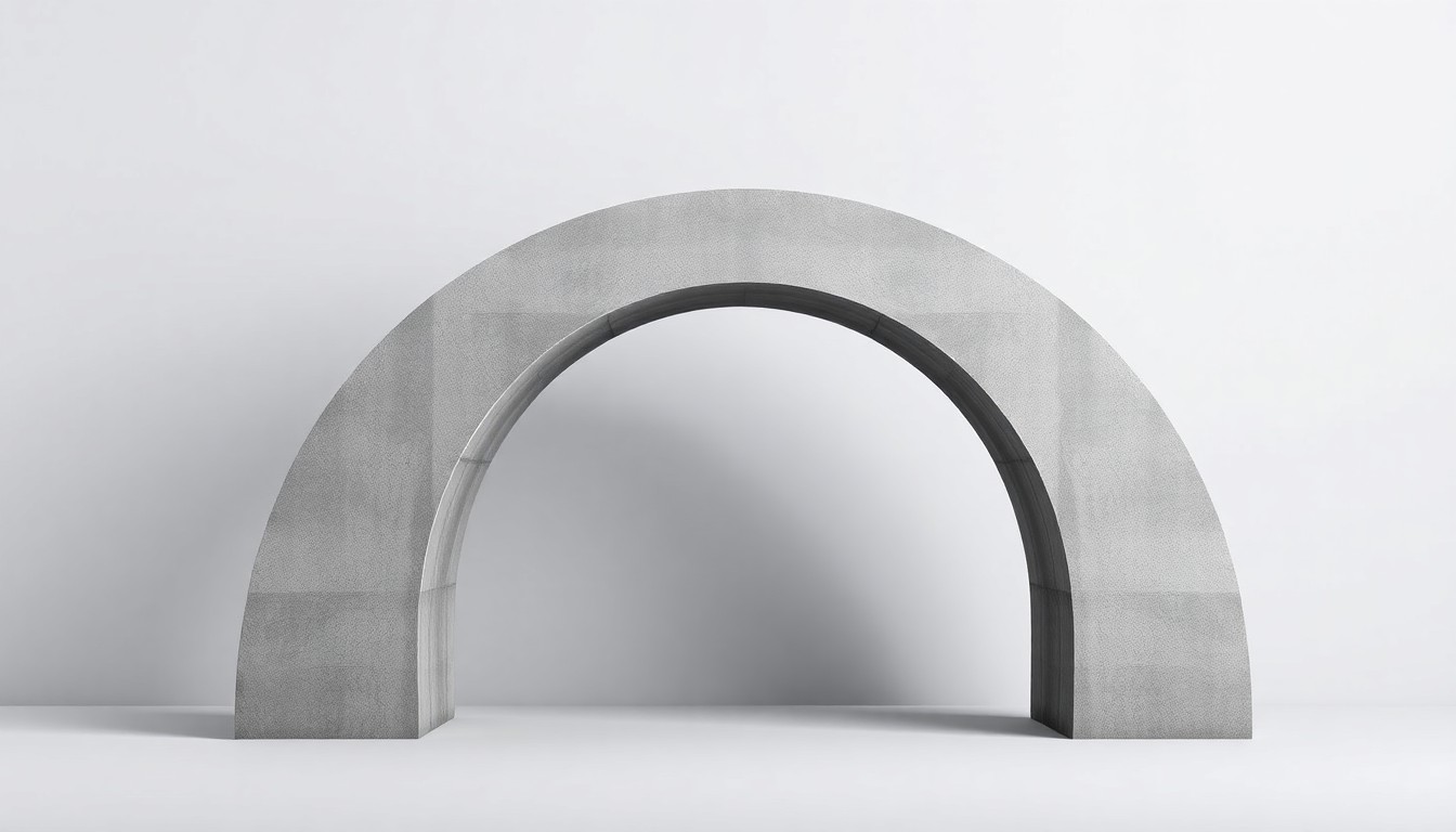 A photorealistic studio still-life image featuring a polished, geometric concrete model of a bridge arch floating on a clean, monochromatic background, symbolizing the engineering challenges of the Sixth Street bridge project.