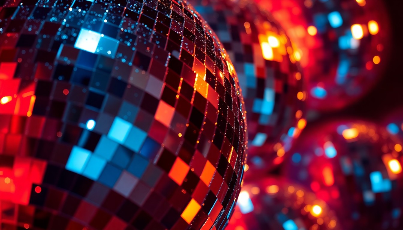 An abstract close-up photograph of shimmering, glittering disco ball textures in dramatic, high-contrast lighting, conveying the luxurious, high-fashion aesthetic of the Disco Volante Estate.
