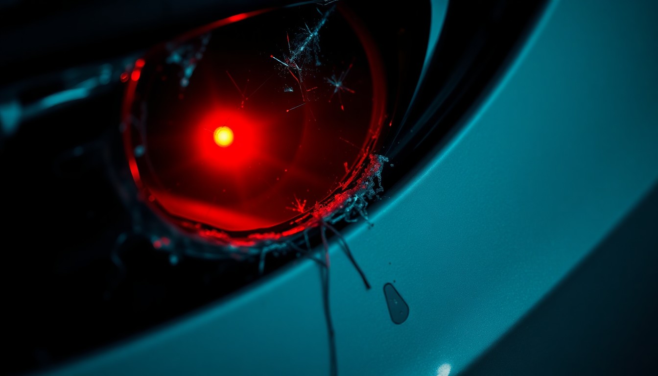An extreme close-up of a shattered car sensor lens reflecting a faint red light, conceptually illustrating the vandalism of self-driving cars.