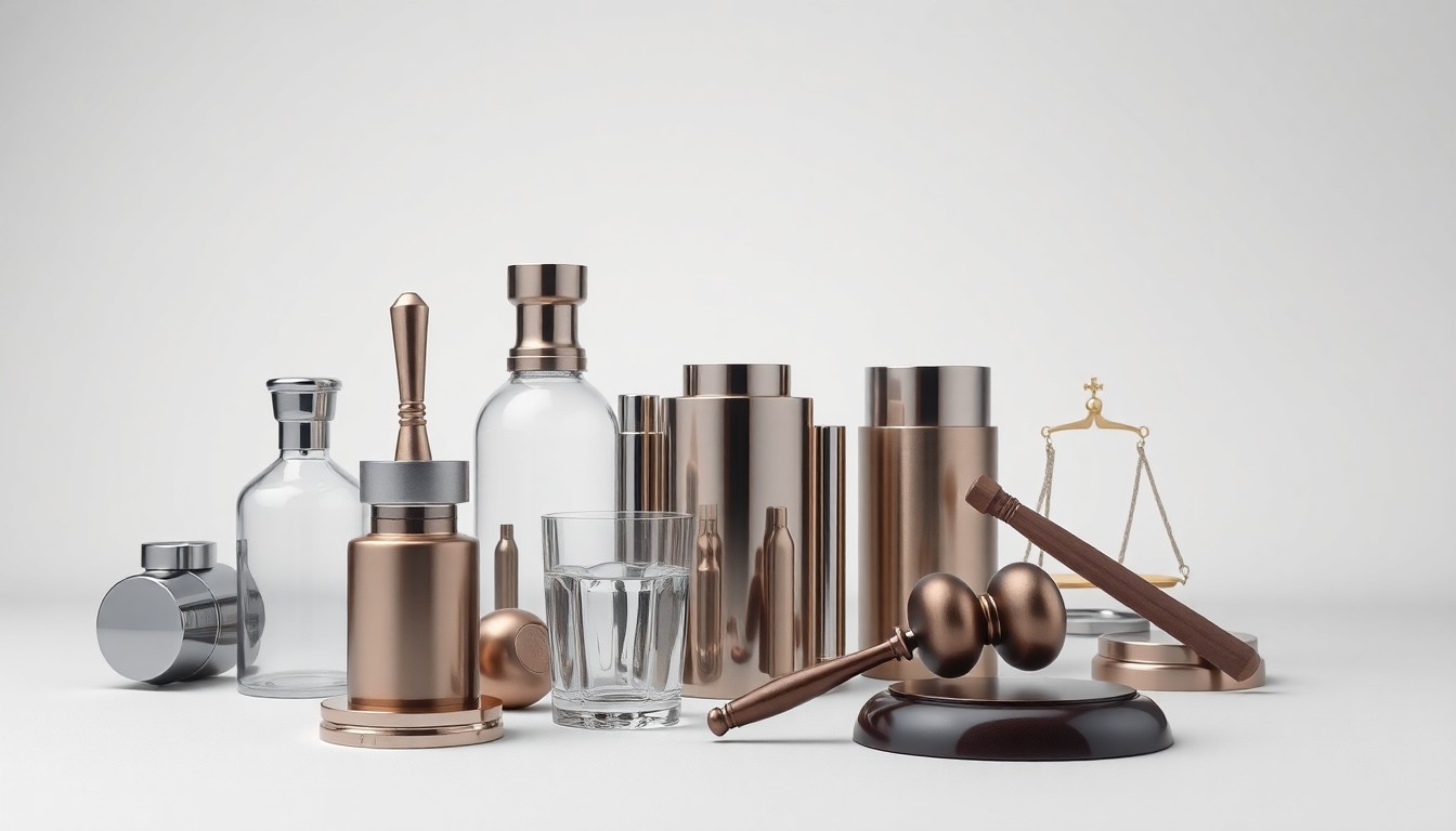 A photorealistic studio still life featuring a collection of sleek, metallic and glass objects arranged in a minimalist, elegant composition, symbolizing the abstract legal and financial challenges surrounding the Oregon wildfire class action lawsuit.