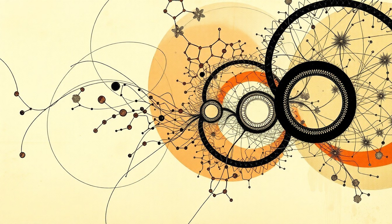 A highly structured abstract painting in muted earth tones, featuring sweeping geometric arcs, concentric circles, and precise botanical spirals, conceptually representing the complex molecular structures and biological forces of lab-tested research peptides.