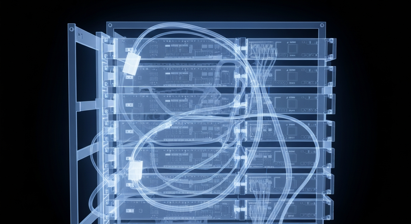 A translucent X-ray photograph revealing the internal components of a computer server or network hardware, glowing with an eerie blue light against a dark background, conceptually representing the technical issues disrupting Palomar's medical records system.