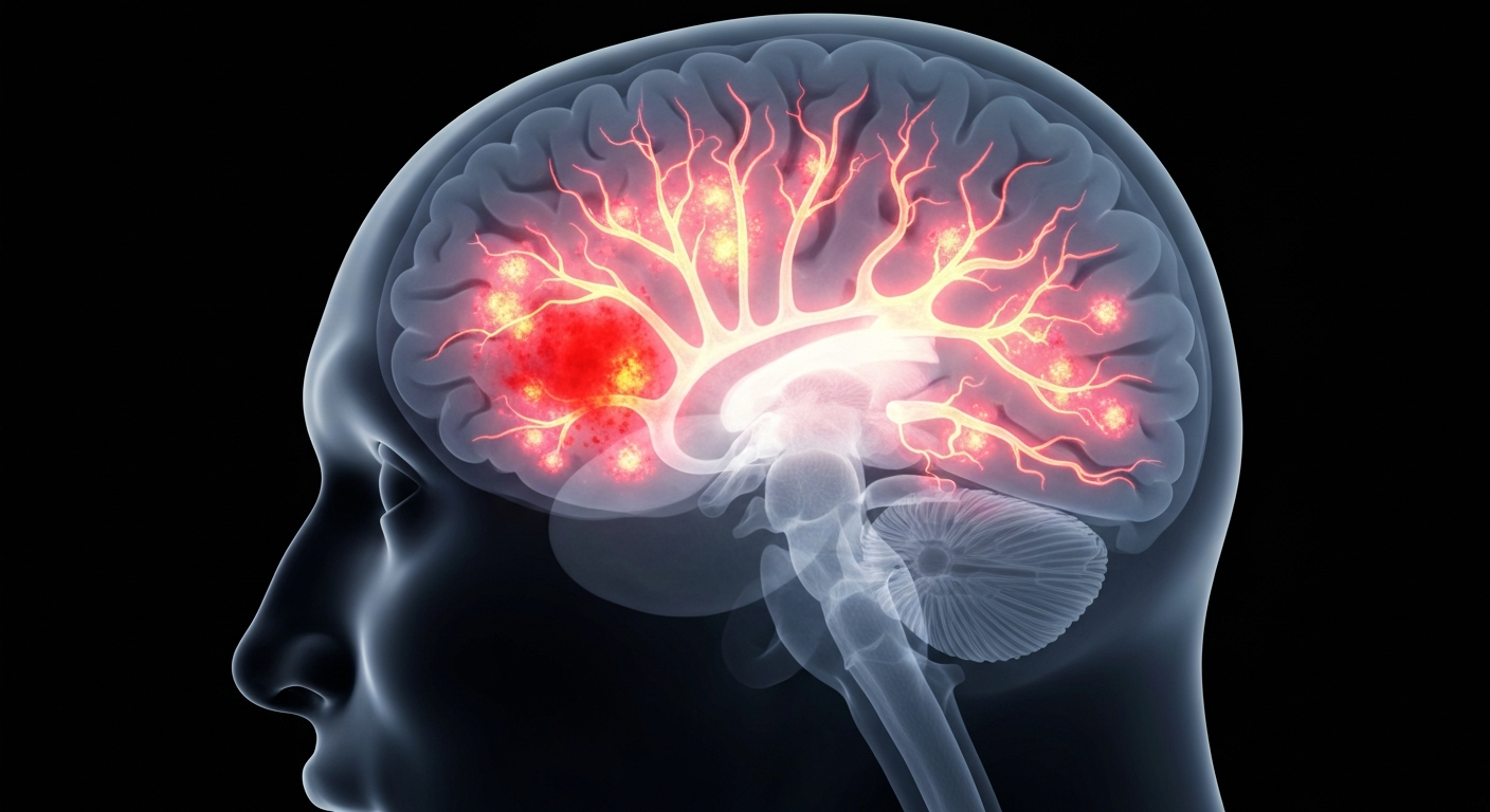 A ghostly, translucent X-ray photograph revealing the internal structure of a human brain, with some areas appearing more inflamed and damaged than others, conceptually representing the effects of a stroke and the need for rapid medical intervention.