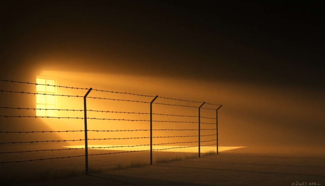 A serene, cinematic painting of an empty, sunlit prison yard with a solitary barbed wire fence, conveying a sense of quiet melancholy and the weight of a troubled history.