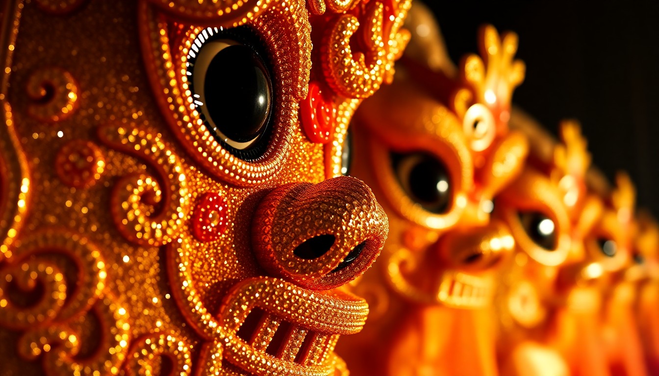 An abstract close-up photograph showcasing the intricate, shimmering textures of traditional Chinese opera costumes, conveying the visual splendor of the Shen Yun performance.
