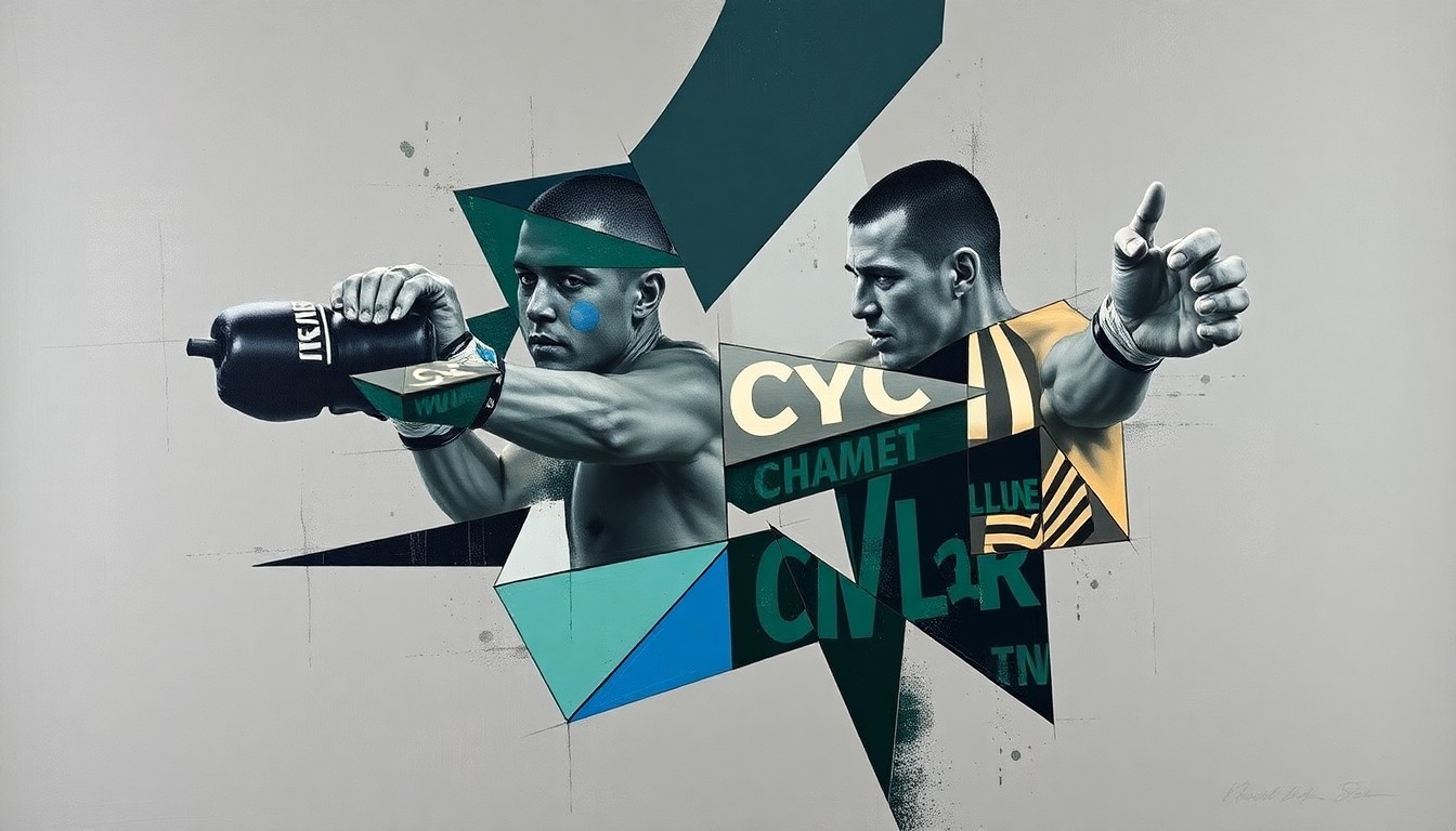 A cubist, geometric painting depicting Khamzat Chimaev's fighting style and business ventures through a fractured, multi-perspective lens, using muted tones of grey, blue, and green to capture the champion's financial independence from the UFC.