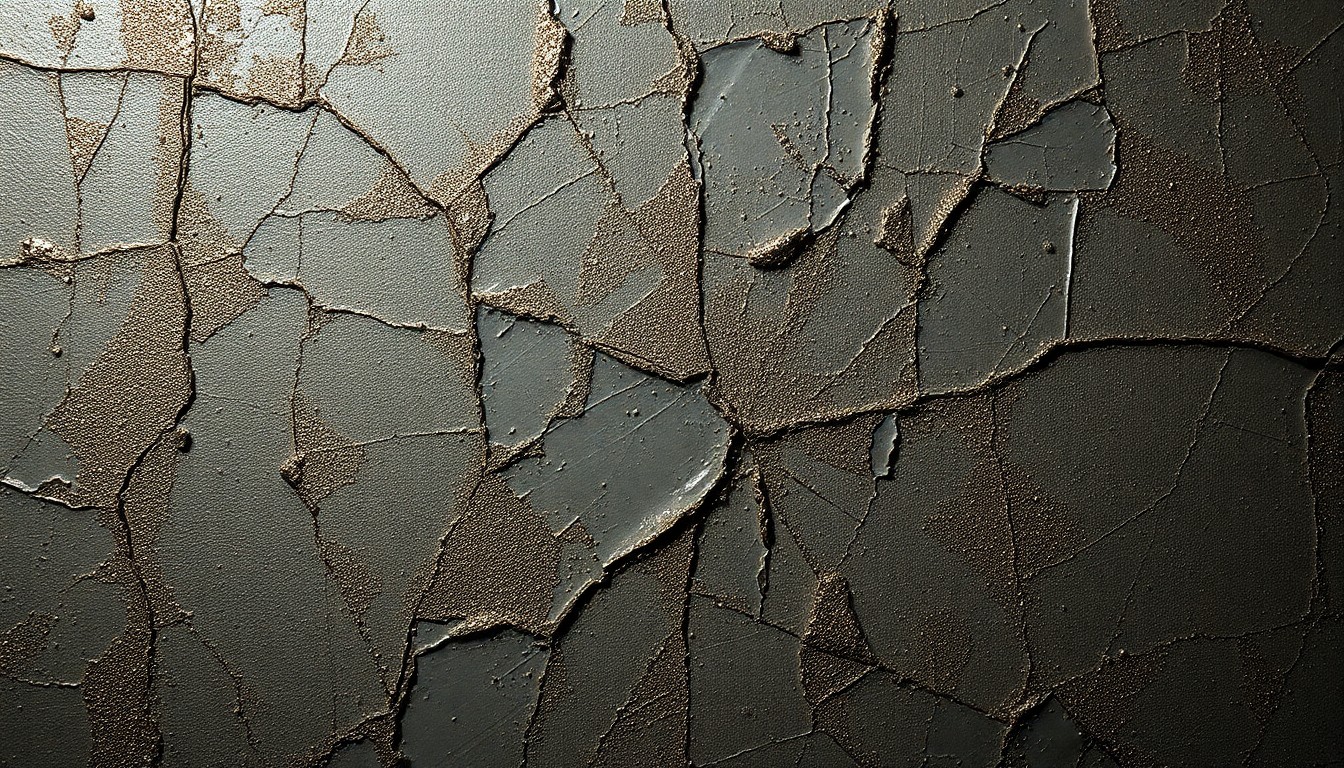 An extreme close-up of a cracked, glittering canvas surface in high-contrast studio lighting, conceptually representing the unfinished paintings at the heart of the film's exploration of art, legacy, and critique.