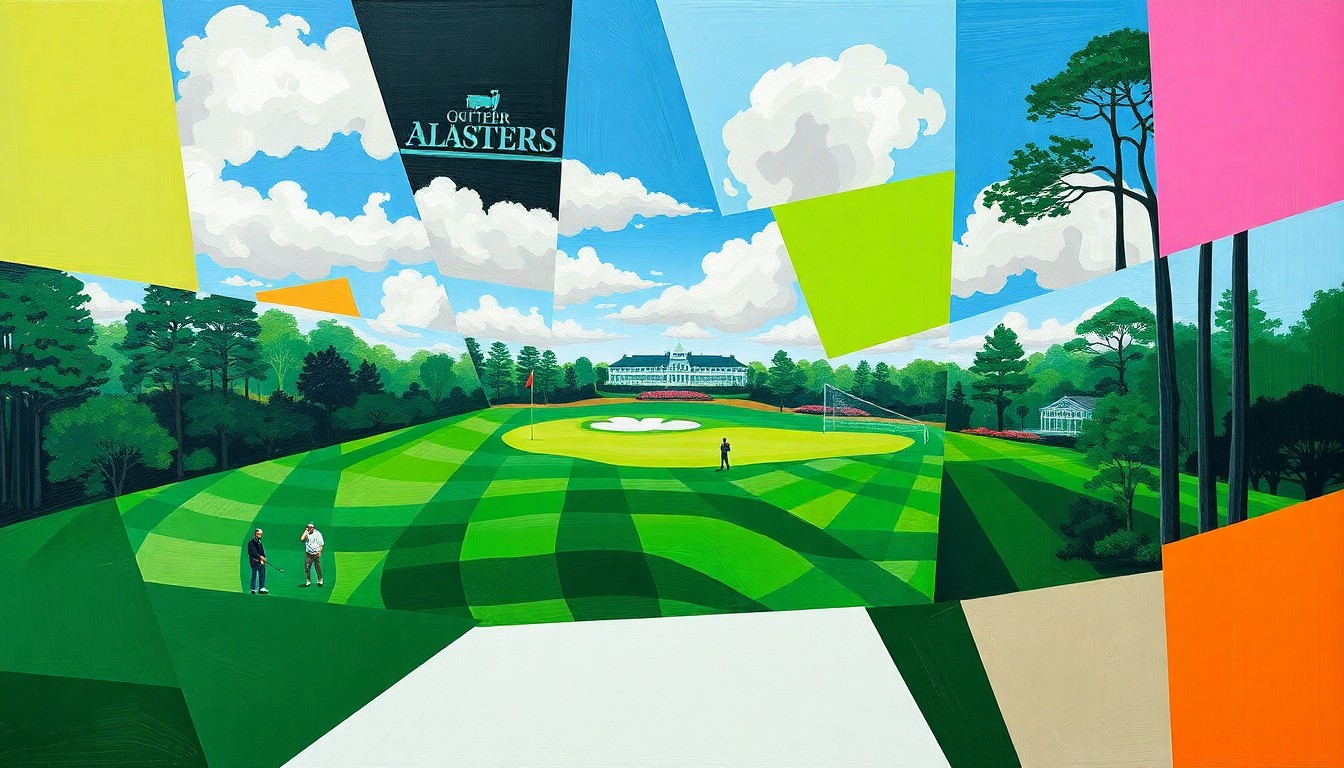 A fractured, multi-perspective painting in bold colors that breaks down the Masters golf tournament into sharp, overlapping geometric shapes and planes, capturing the event's rich history and evolution on television.
