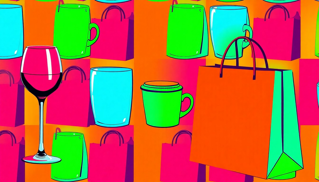 A brightly colored, high-contrast silkscreen print of a wine glass, coffee cup, and shopping bag repeated in a tight grid pattern, conceptually representing the diverse offerings and festive atmosphere of the Shop & Sip event in Elkhart Lake.